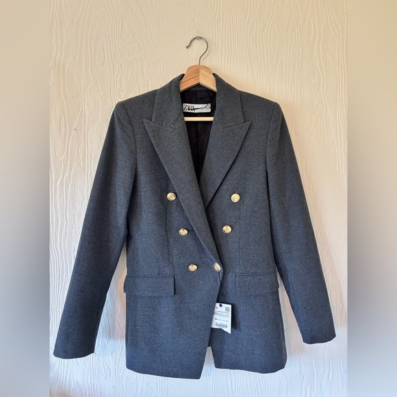 Zara Grey Gray Double Breasted Knit Wool Like Structured Military Blazer Jacket - Picture 6 of 16